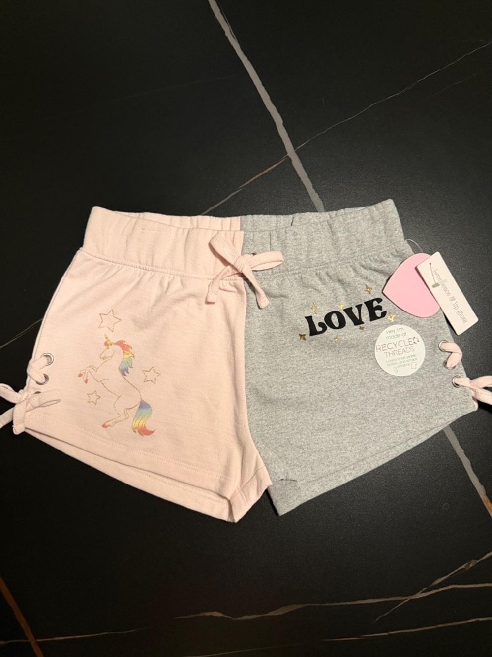 Girls Two-Tone Unicorn & LOVE Drawstring Shorts - Pink & Gray